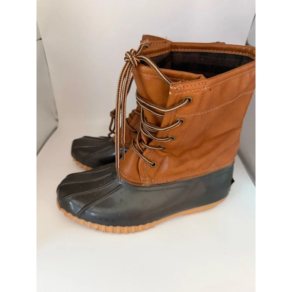 Sporto Arianna Duck Boots Brown Black Lace Up Faux Fur Lined Rain Snow Mens 6.5M